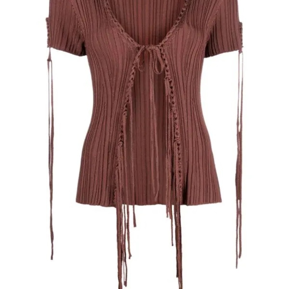 Cult Gaia Chocolate Ribbed Tie-Front Crop Top - Picture 3 of 5